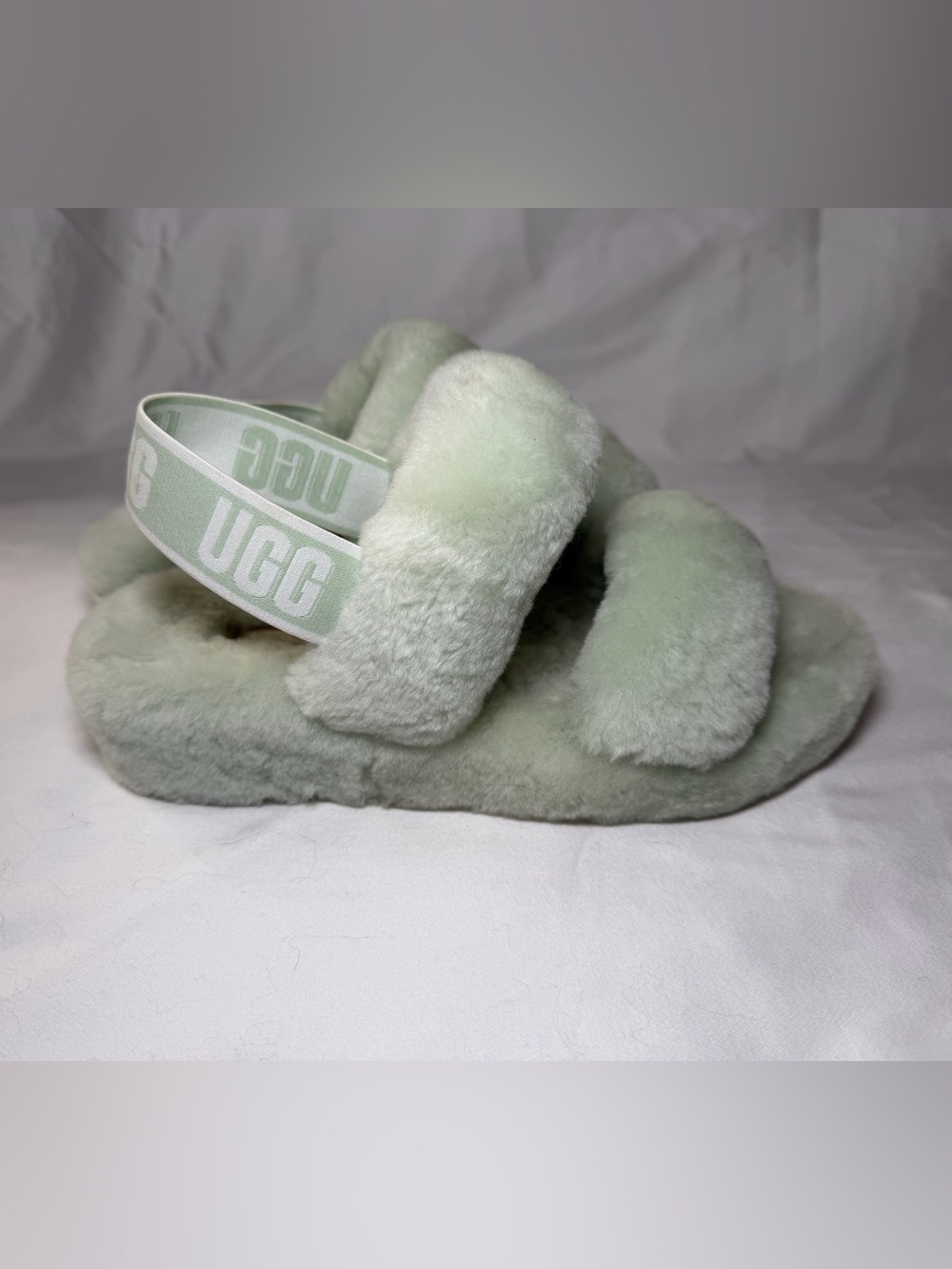 UGG Pastel Mint Fluff Slide with Logo Strap
